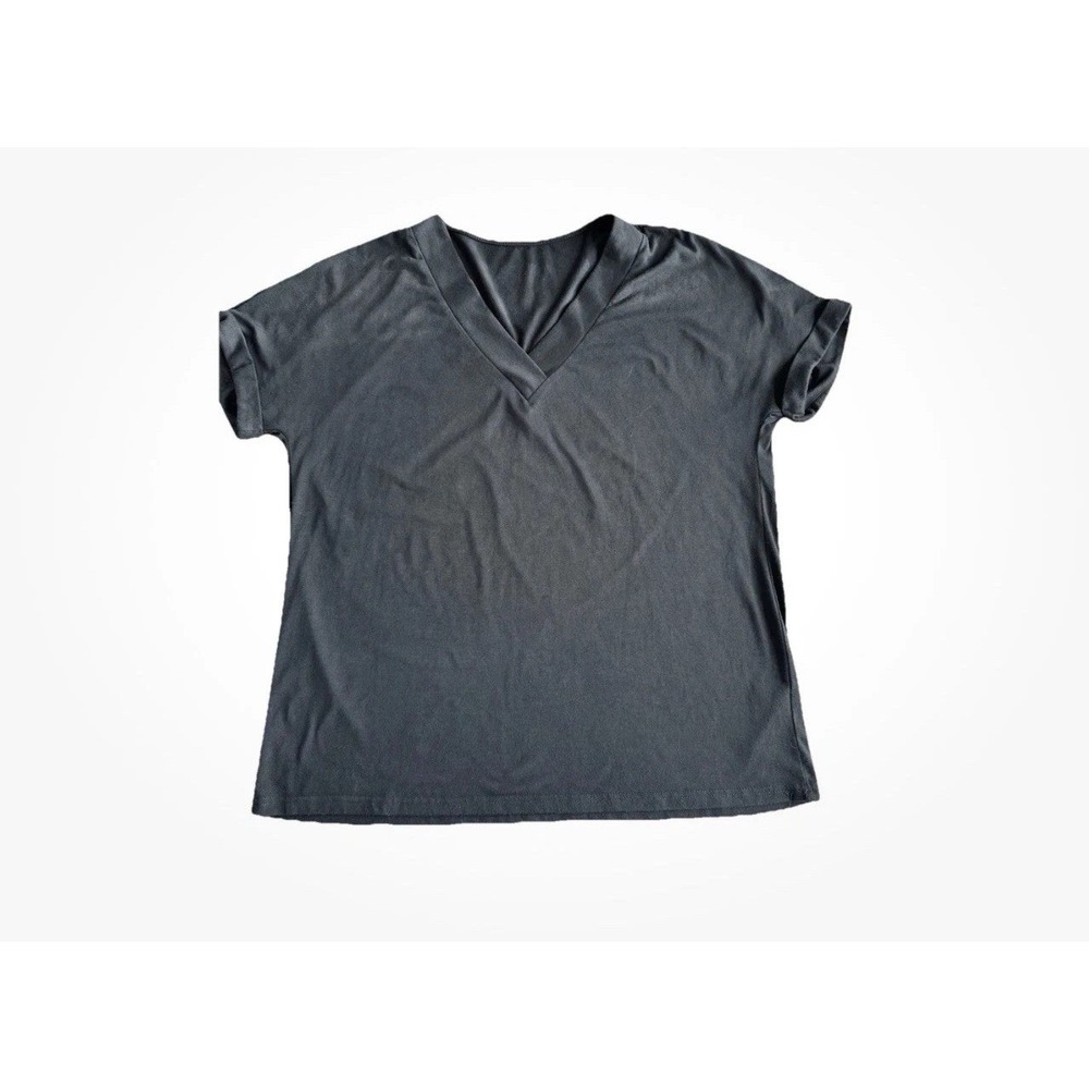 Women’s Top XL Black Cuffed Sleeves Casual Shirt V Neck Short Sleeve Pullover